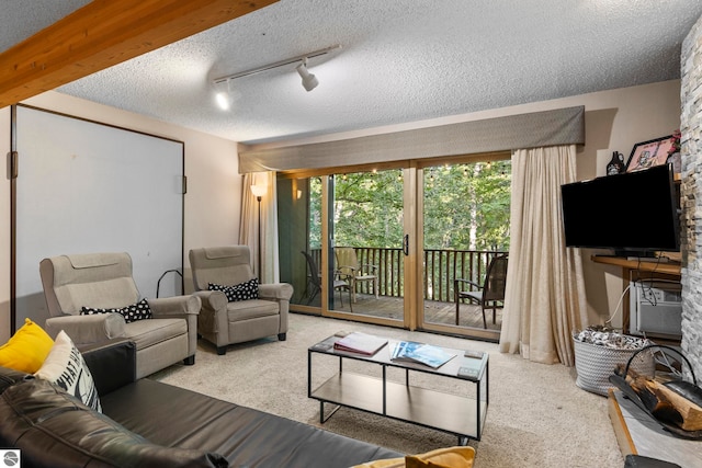 living room with beamed ceiling, a textured ceiling, track lighting, and carpet floors