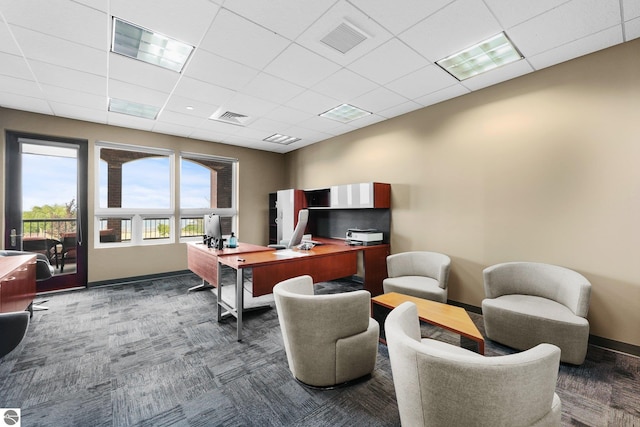 carpeted office space featuring a drop ceiling