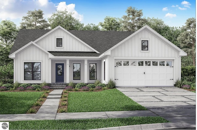 modern farmhouse featuring a front yard and a garage