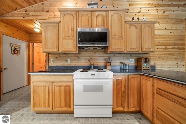 kitchen featuring white electric range oven, wood walls, and wooden ceiling