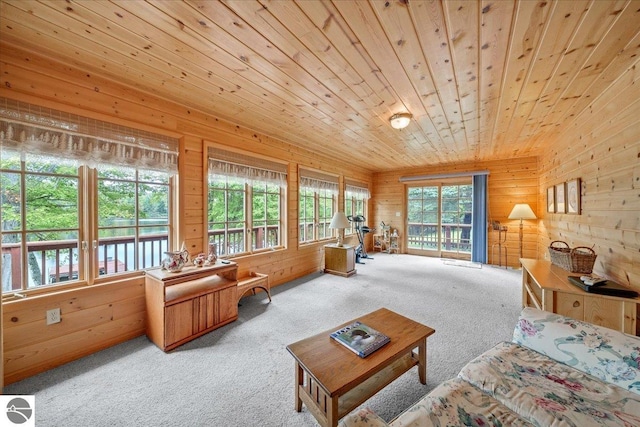 carpeted living room featuring wooden walls and wooden ceiling