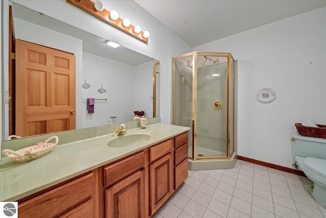 bathroom featuring vanity, a shower with shower door, toilet, and tile patterned floors