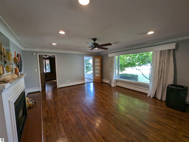 unfurnished living room with a baseboard radiator, ceiling fan, and dark hardwood / wood-style floors