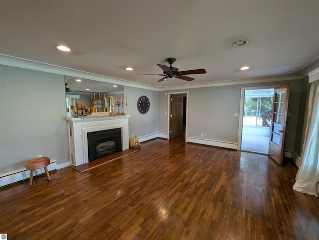 unfurnished living room with ceiling fan, baseboard heating, crown molding, and dark wood-type flooring