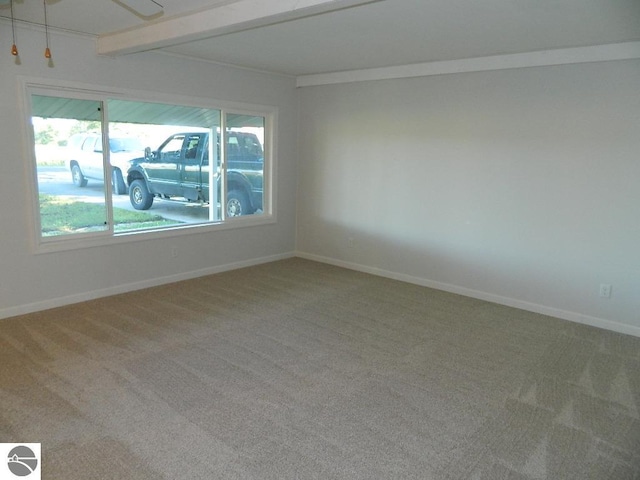 spare room featuring carpet and beamed ceiling