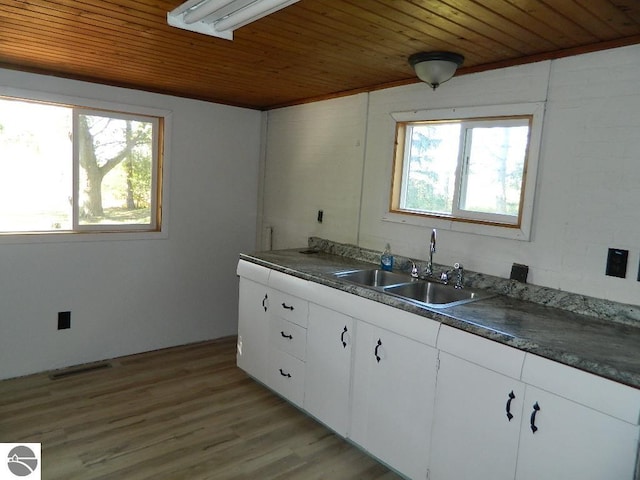 kitchen featuring white cabinets, light wood-type flooring, a healthy amount of sunlight, and sink