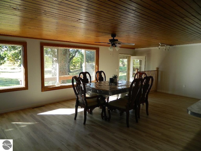 dining space featuring ceiling fan, hardwood / wood-style flooring, wooden ceiling, and a wealth of natural light