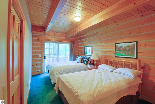 carpeted bedroom featuring wood walls, beam ceiling, and wooden ceiling