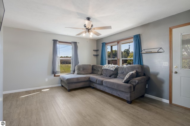 living room with wood-type flooring, ceiling fan, and plenty of natural light