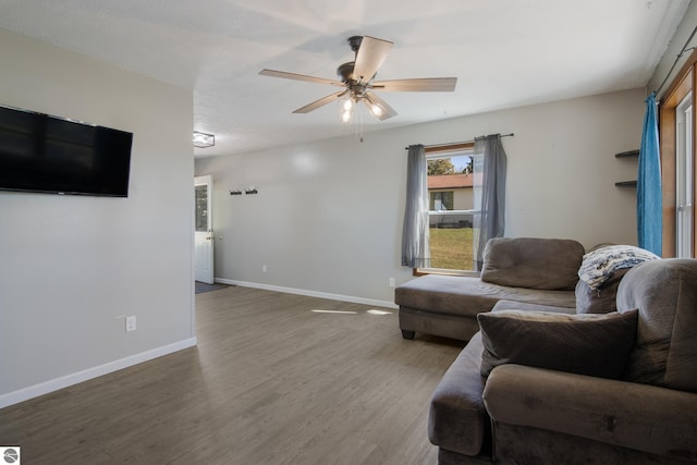 living room with wood-type flooring and ceiling fan