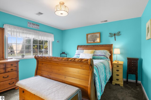 bedroom featuring dark carpet