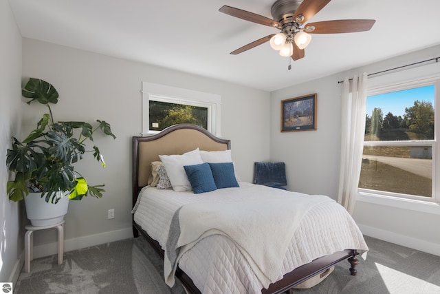 bedroom featuring ceiling fan and carpet floors