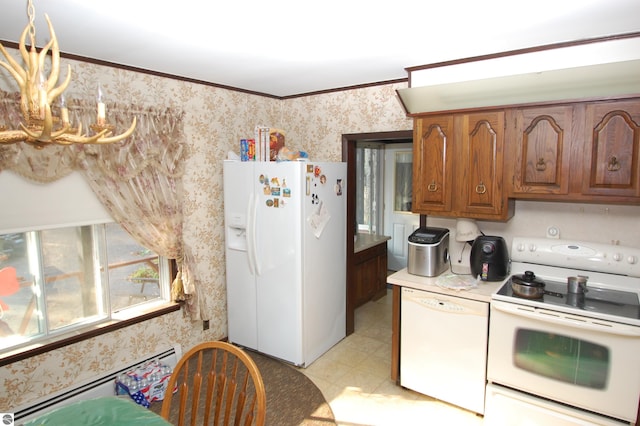 2169 Brady Dr, West Branch, MI 48661 - kitchen featuring white appliances, wallpapered walls, a baseboard radiator, brown cabinetry, and light flooring