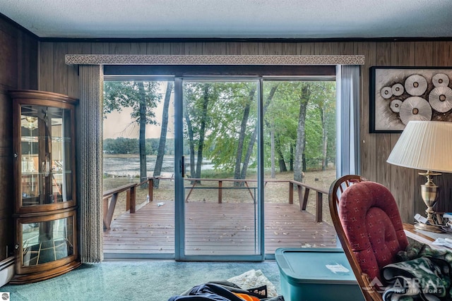 2169 Brady Dr, West Branch, MI 48661 - doorway to outside featuring wooden walls, carpet floors, a textured ceiling, and a baseboard heating unit