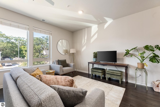 living room with ceiling fan and dark hardwood / wood-style floors