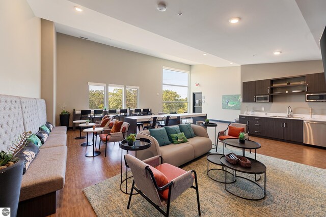 living room with light hardwood / wood-style flooring, lofted ceiling, and sink