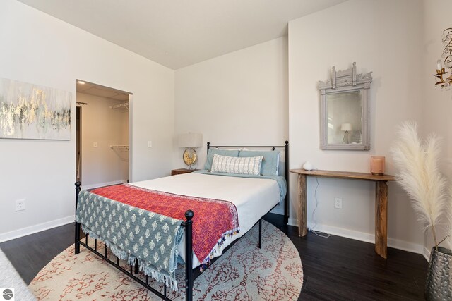 bedroom featuring a closet, hardwood / wood-style floors, and a walk in closet