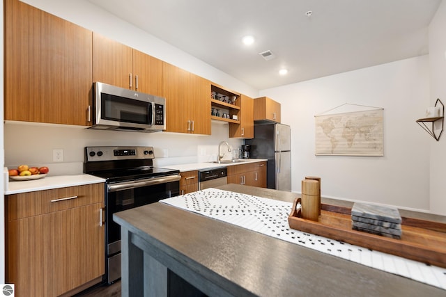 kitchen with wood counters, sink, stainless steel appliances, and dark hardwood / wood-style flooring