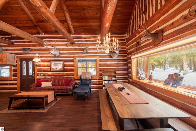 dining area with wood ceiling, log walls, dark hardwood / wood-style floors, and beamed ceiling