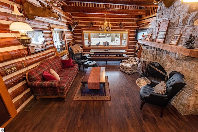 living room with beamed ceiling, a fireplace, hardwood / wood-style floors, and log walls