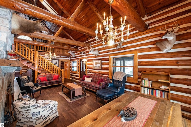 living room featuring a chandelier, hardwood / wood-style flooring, log walls, beam ceiling, and high vaulted ceiling