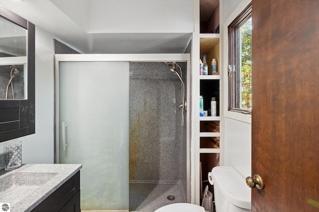 bathroom with an enclosed shower, vanity, and toilet