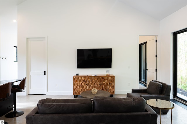 living room featuring high vaulted ceiling