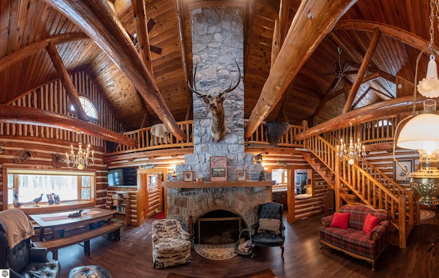 living room featuring high vaulted ceiling, a stone fireplace, wooden ceiling, hardwood / wood-style floors, and a chandelier