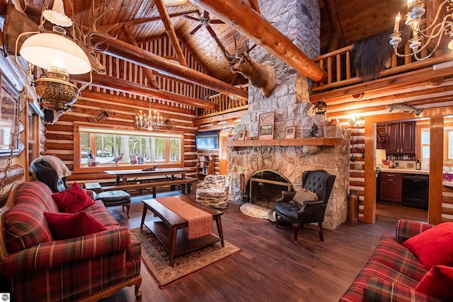 living room featuring beamed ceiling, rustic walls, high vaulted ceiling, a fireplace, and dark hardwood / wood-style flooring