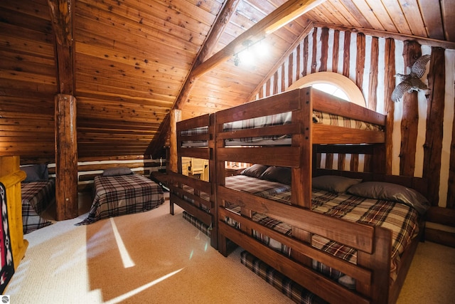 carpeted bedroom with vaulted ceiling with beams, wood walls, and wooden ceiling