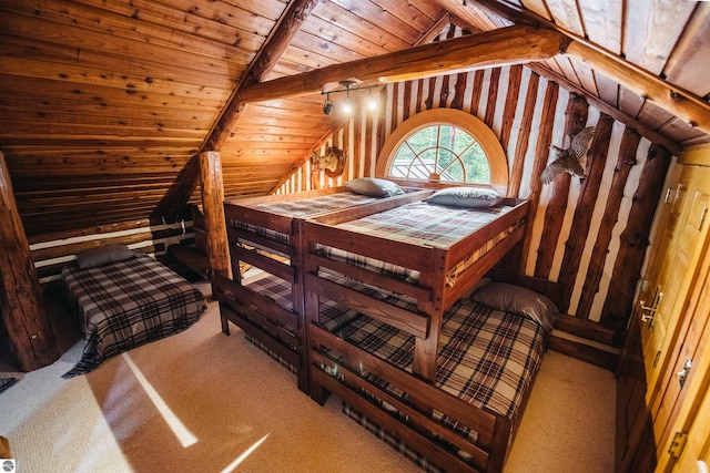 bedroom with wooden ceiling, carpet, and lofted ceiling with beams