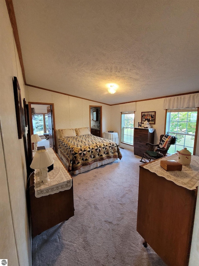 carpeted bedroom with a textured ceiling and vaulted ceiling