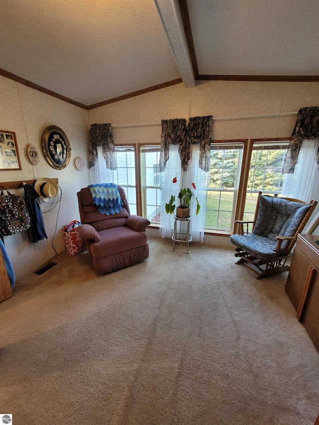 living room with a textured ceiling, vaulted ceiling with beams, carpet flooring, and ornamental molding