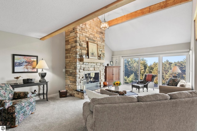 carpeted living room with a stone fireplace, a textured ceiling, beam ceiling, and high vaulted ceiling