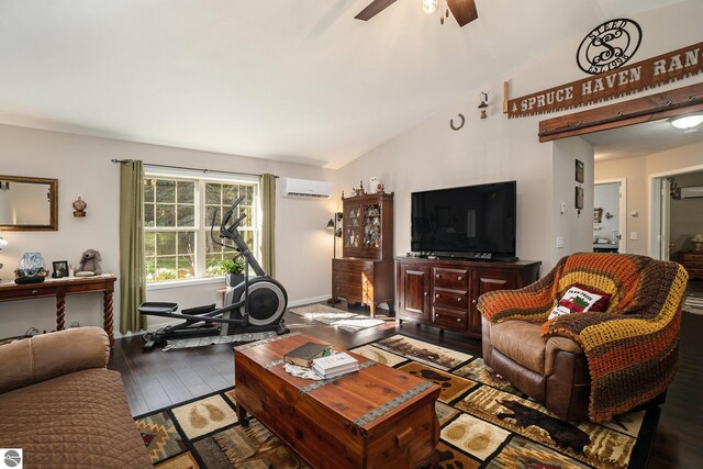 living room featuring hardwood / wood-style floors, ceiling fan, a wall unit AC, and high vaulted ceiling