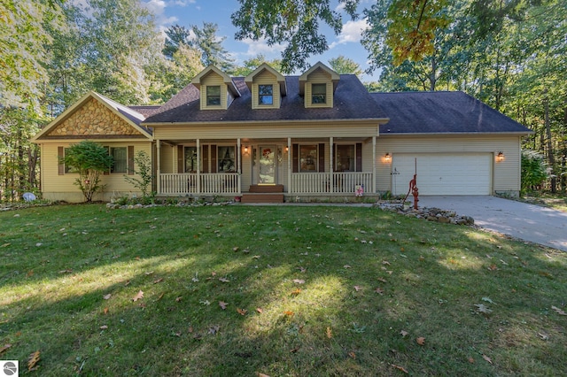 cape cod-style house featuring a front yard, a porch, and a garage