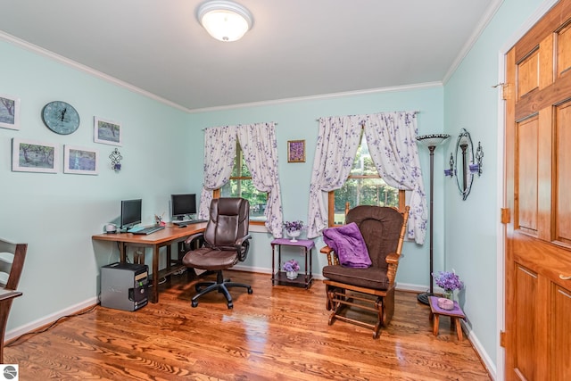 office space with ornamental molding and hardwood / wood-style flooring