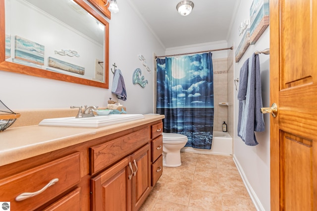 full bathroom featuring vanity, toilet, ornamental molding, shower / bath combo, and tile patterned flooring