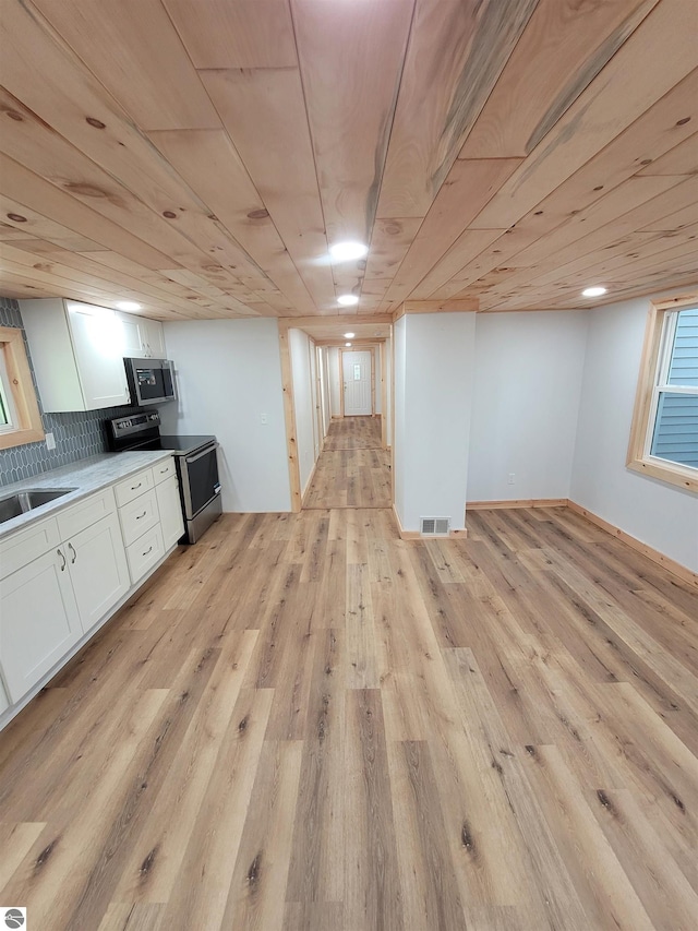 kitchen featuring appliances with stainless steel finishes, tasteful backsplash, white cabinets, wooden ceiling, and light hardwood / wood-style flooring