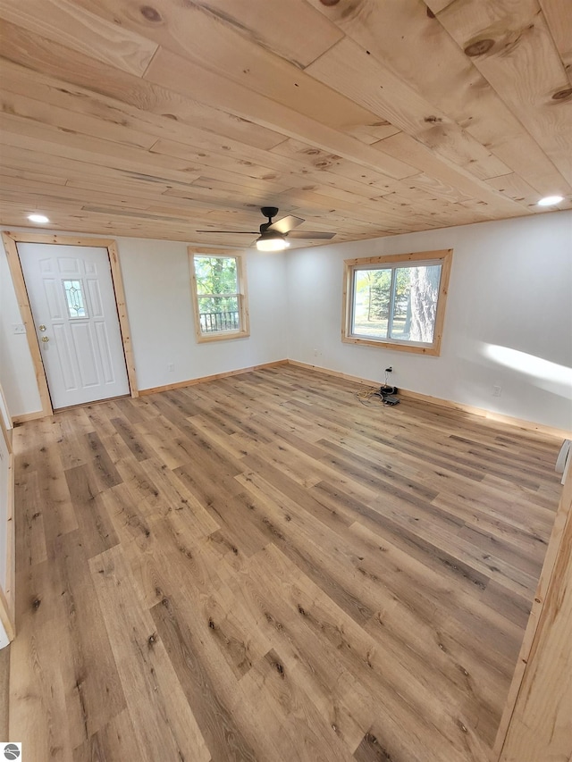 empty room featuring wood ceiling, light hardwood / wood-style floors, and ceiling fan