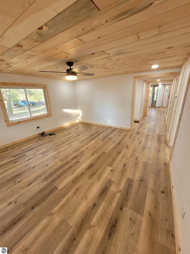 unfurnished room with light wood-type flooring, ceiling fan, and wooden ceiling