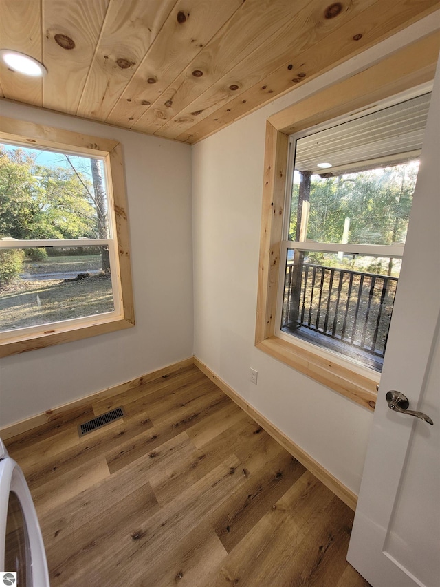 unfurnished room featuring wood ceiling and hardwood / wood-style floors