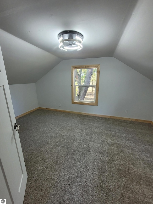 additional living space featuring dark carpet and vaulted ceiling