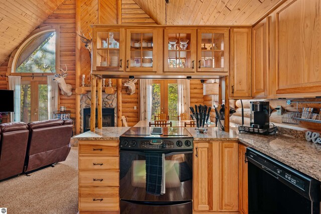 kitchen with lofted ceiling, wood ceiling, black appliances, light colored carpet, and light stone countertops