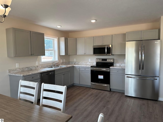 kitchen with stainless steel appliances, dark hardwood / wood-style flooring, and gray cabinetry