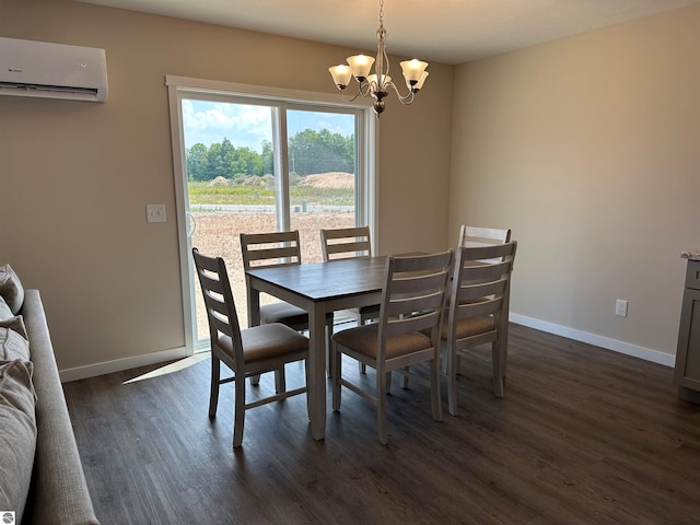 dining space with a notable chandelier, dark wood-type flooring, and an AC wall unit