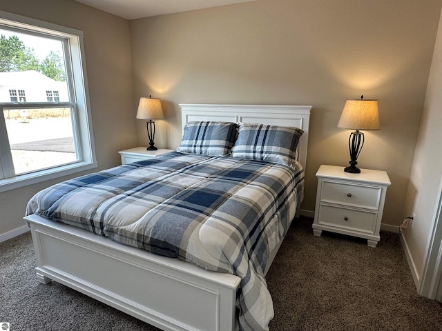 bedroom with dark colored carpet