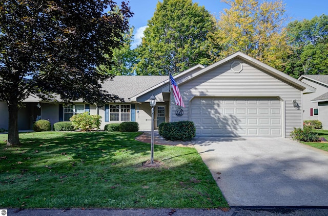 single story home with a garage, concrete driveway, roof with shingles, and a front yard