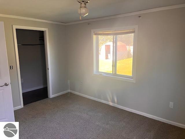 unfurnished bedroom featuring a closet, crown molding, and carpet