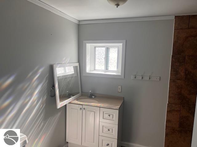 bathroom with vanity and ornamental molding